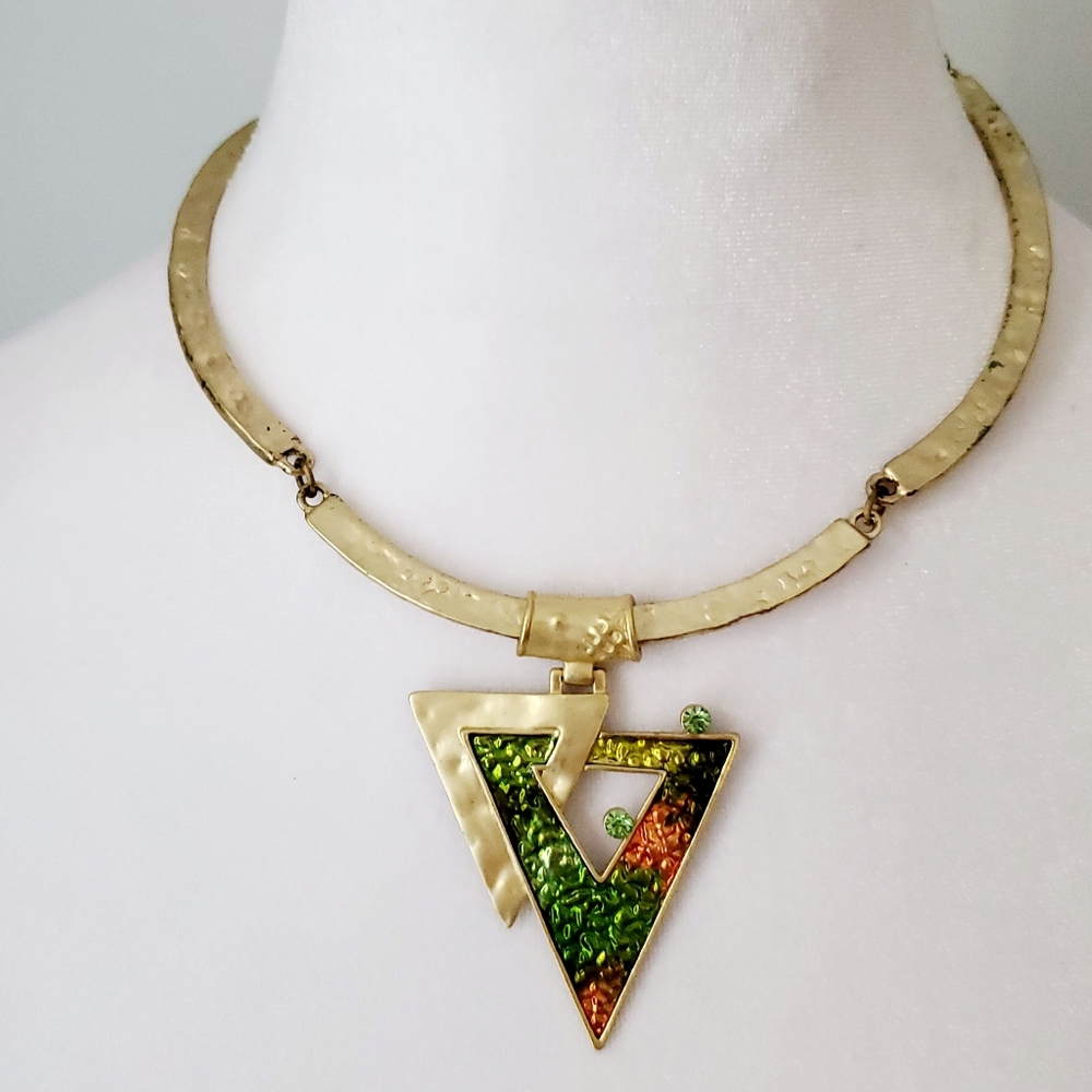 Matte Gold and Green Geometric Pendant Statement Necklace Lightly  Hammered Bold